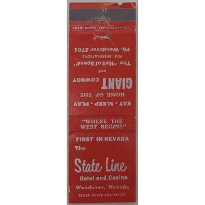 Vintage Matchbook Cover State Line Hotel & Casino Wendover NV Nevada Red